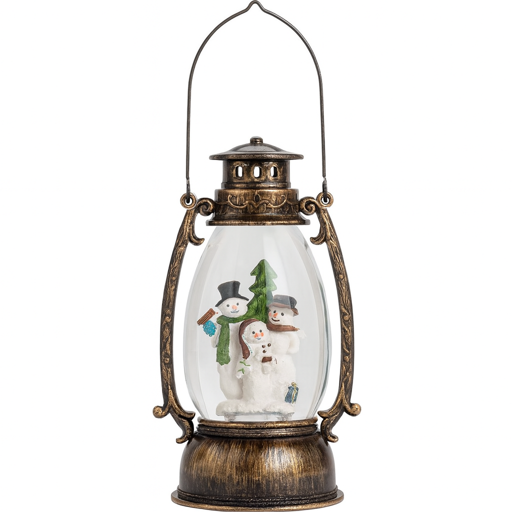 Decorative lantern with snowmen and a tree inside on a white background